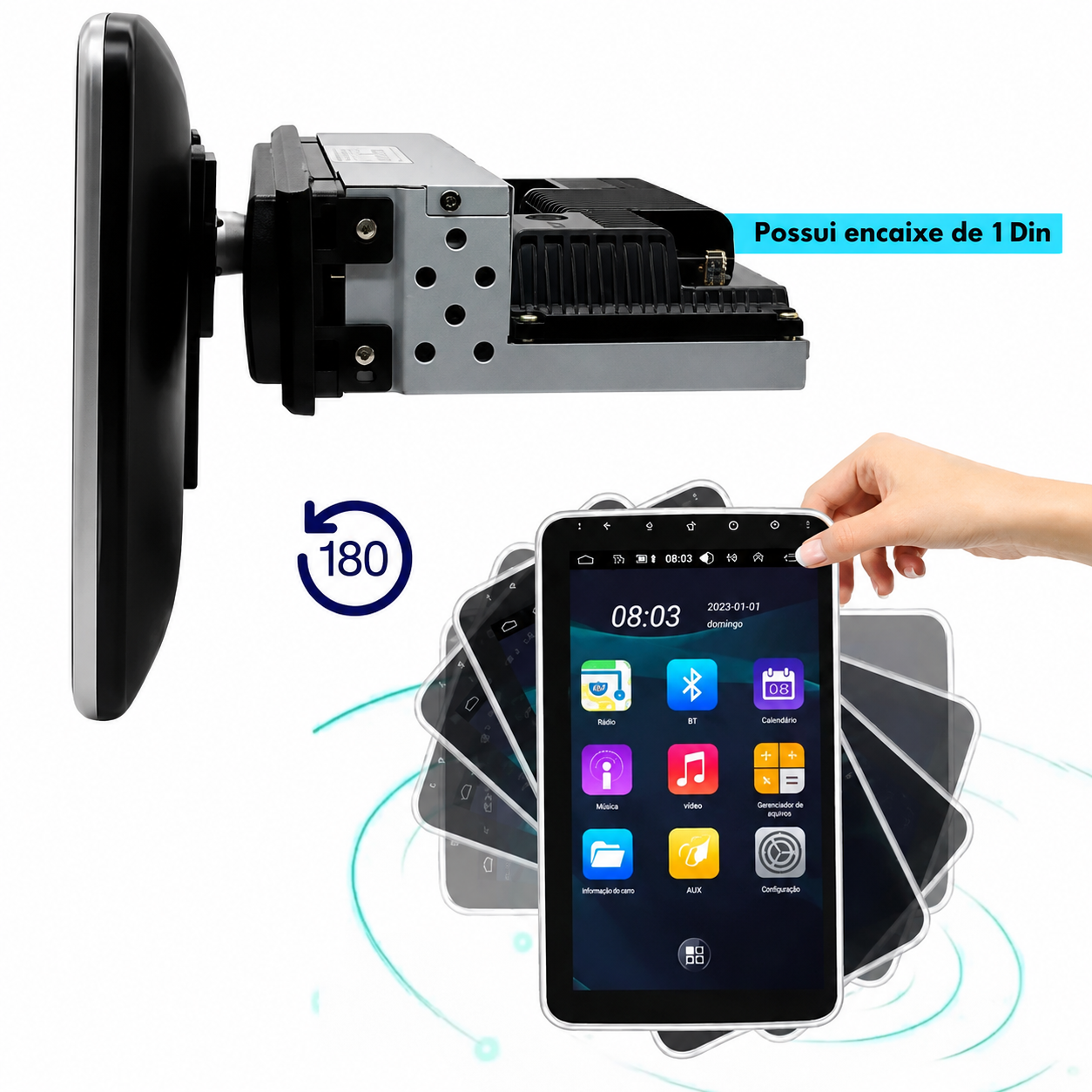 Tela touch flutuante com rotação de 180 graus